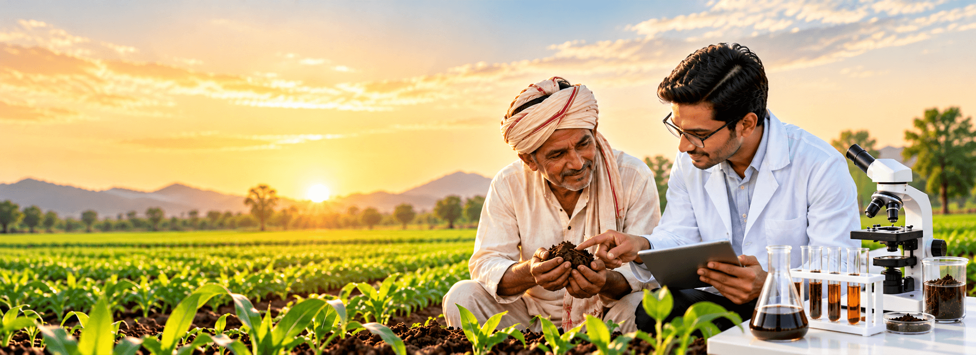 Farmer and soil expert examining soil quality